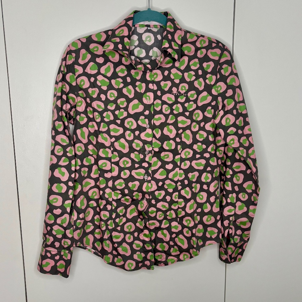 Alpha Kappa Alpha Pink and Green Leopard Print Button Down Blouse -Size S